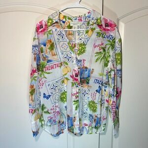 Calypso St Barth‎ Cotton Italy Print Button Down Shirt Womens L Tropical Resort